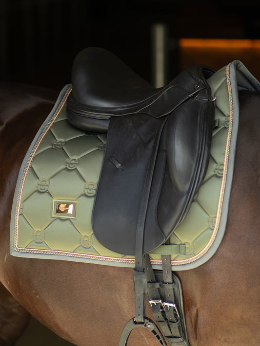 Equestrian Stockholm Striking Valley Dressage Saddle Pad: Olive Green, Rose Gold