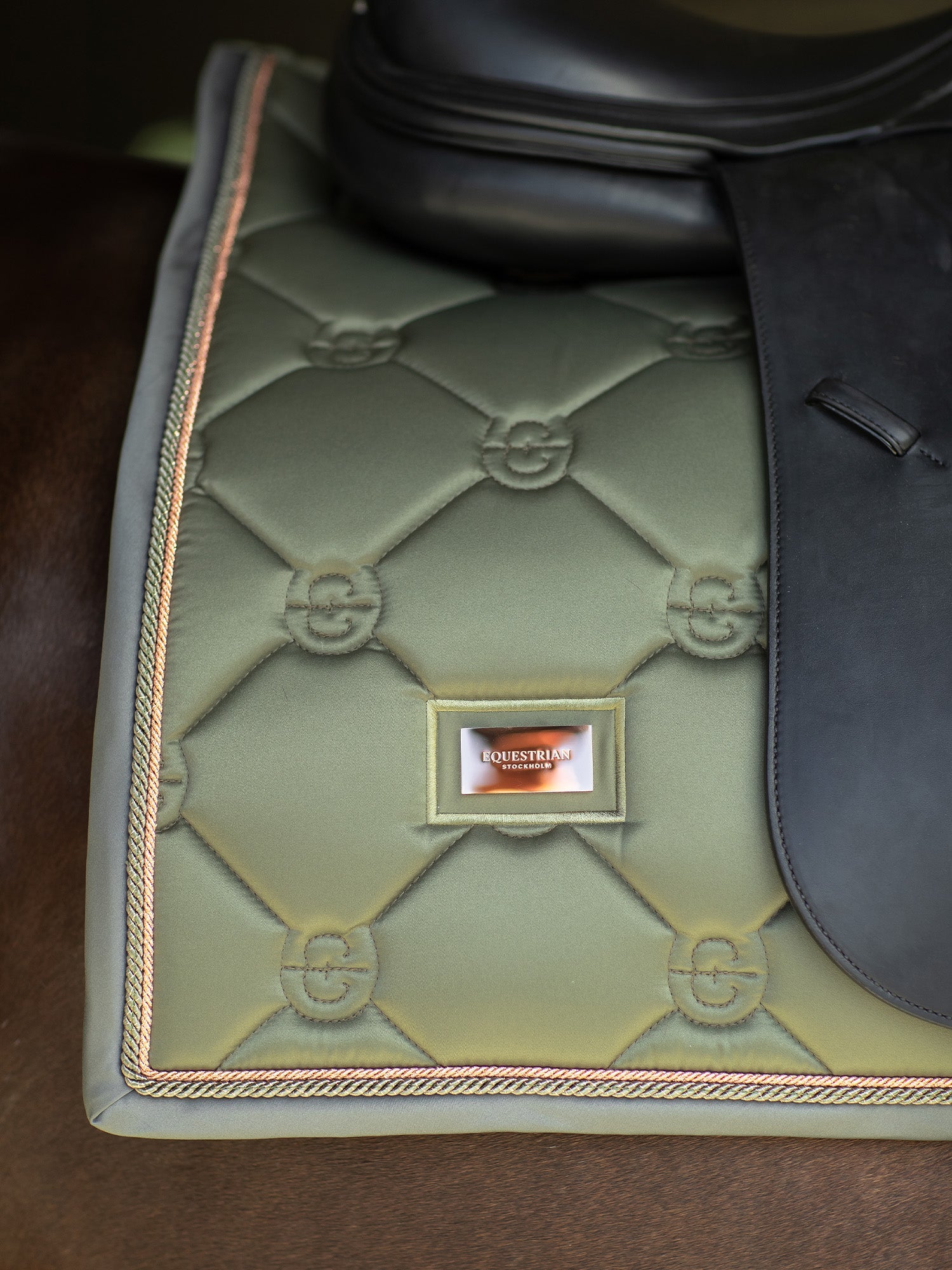 Equestrian Stockholm Striking Valley Dressage Saddle Pad: Olive Green, Rose Gold
