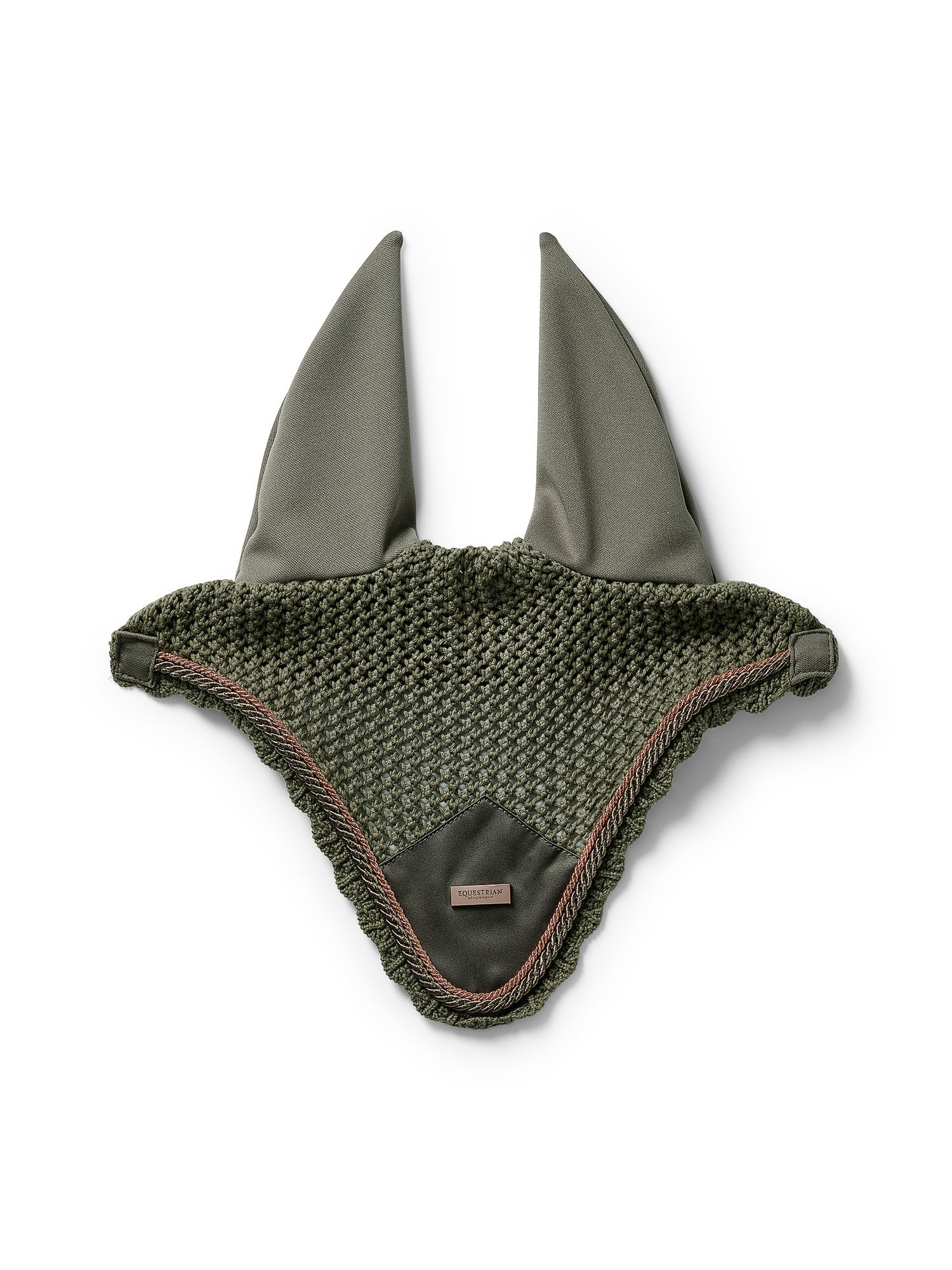 Luxurious Crocheted Olive Green Ear Bonnet for Horses with Rose Gold Details