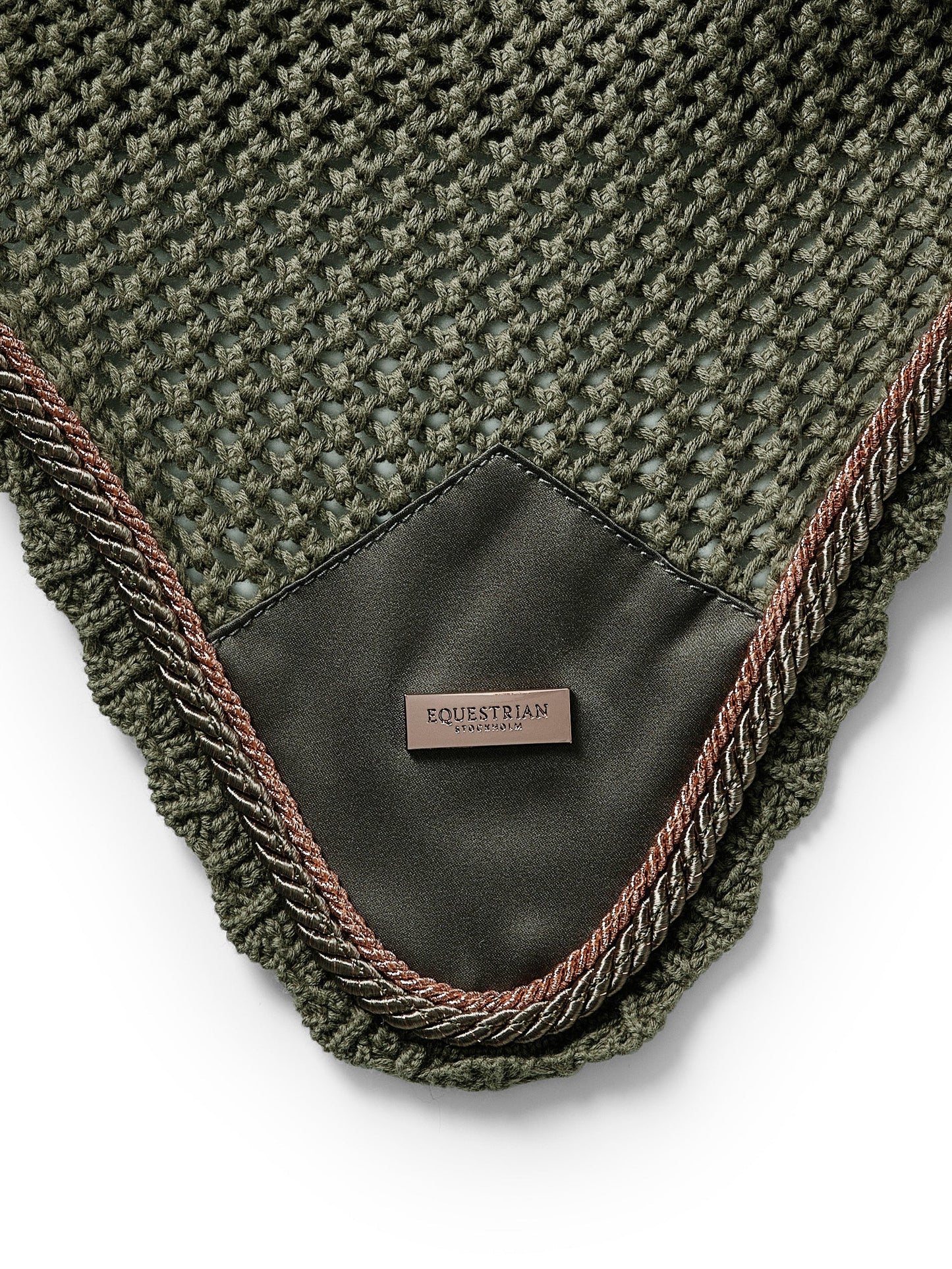 Luxurious Crocheted Olive Green Ear Bonnet for Horses with Rose Gold Details