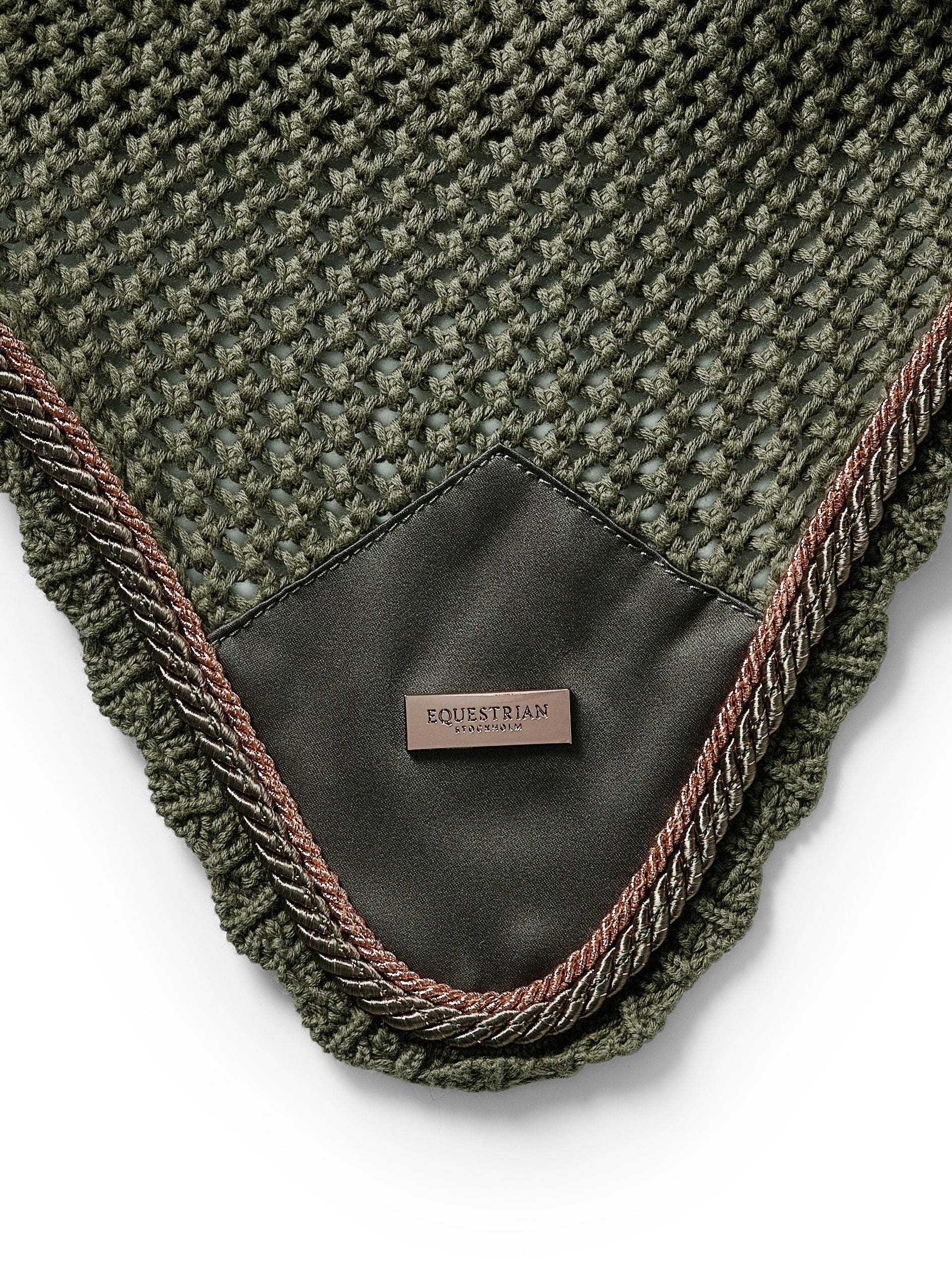 Luxurious Crocheted Olive Green Ear Bonnet for Horses with Rose Gold Details