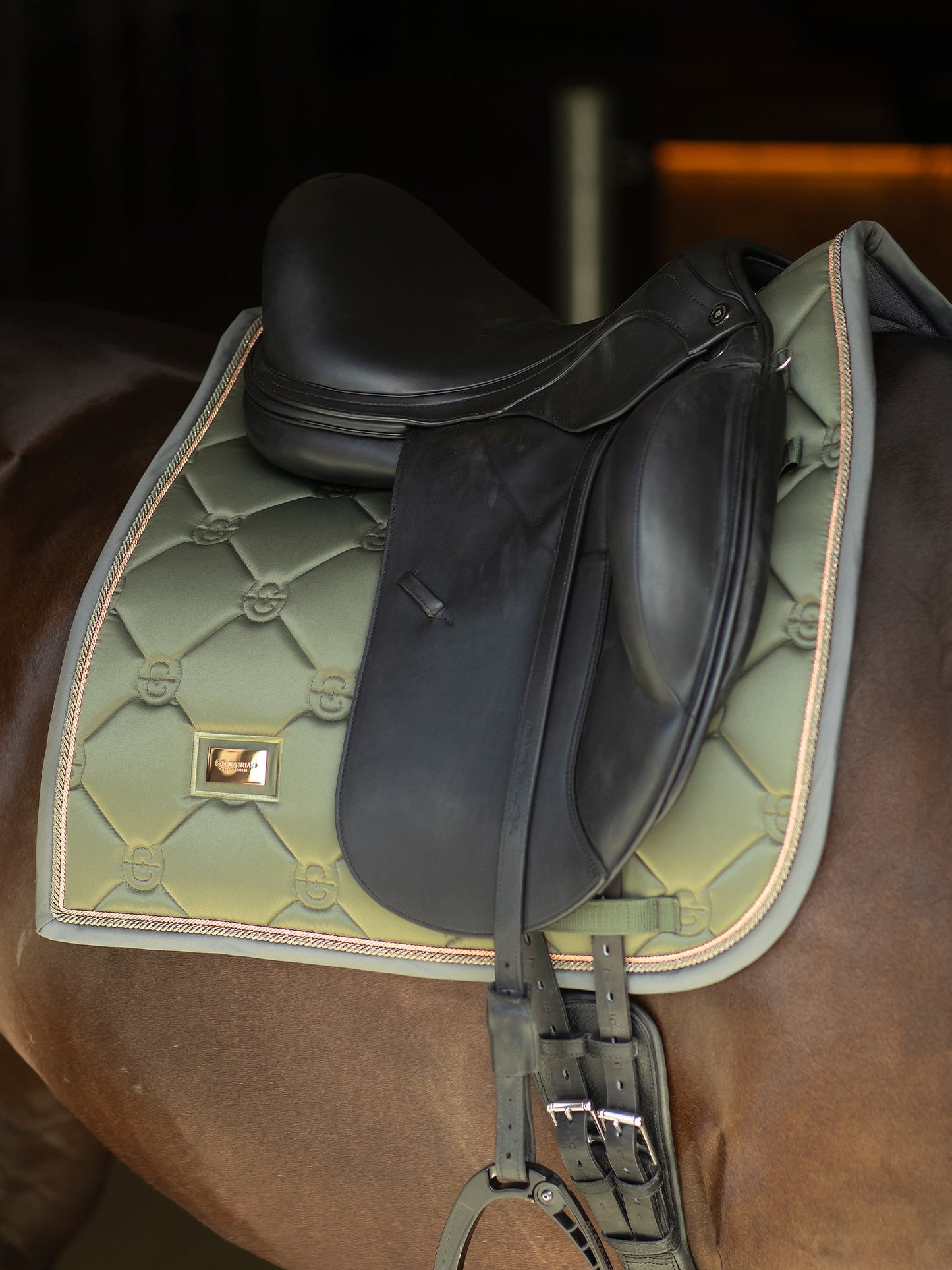 Equestrian Stockholm Striking Valley Dressage Saddle Pad: Olive Green, Rose Gold