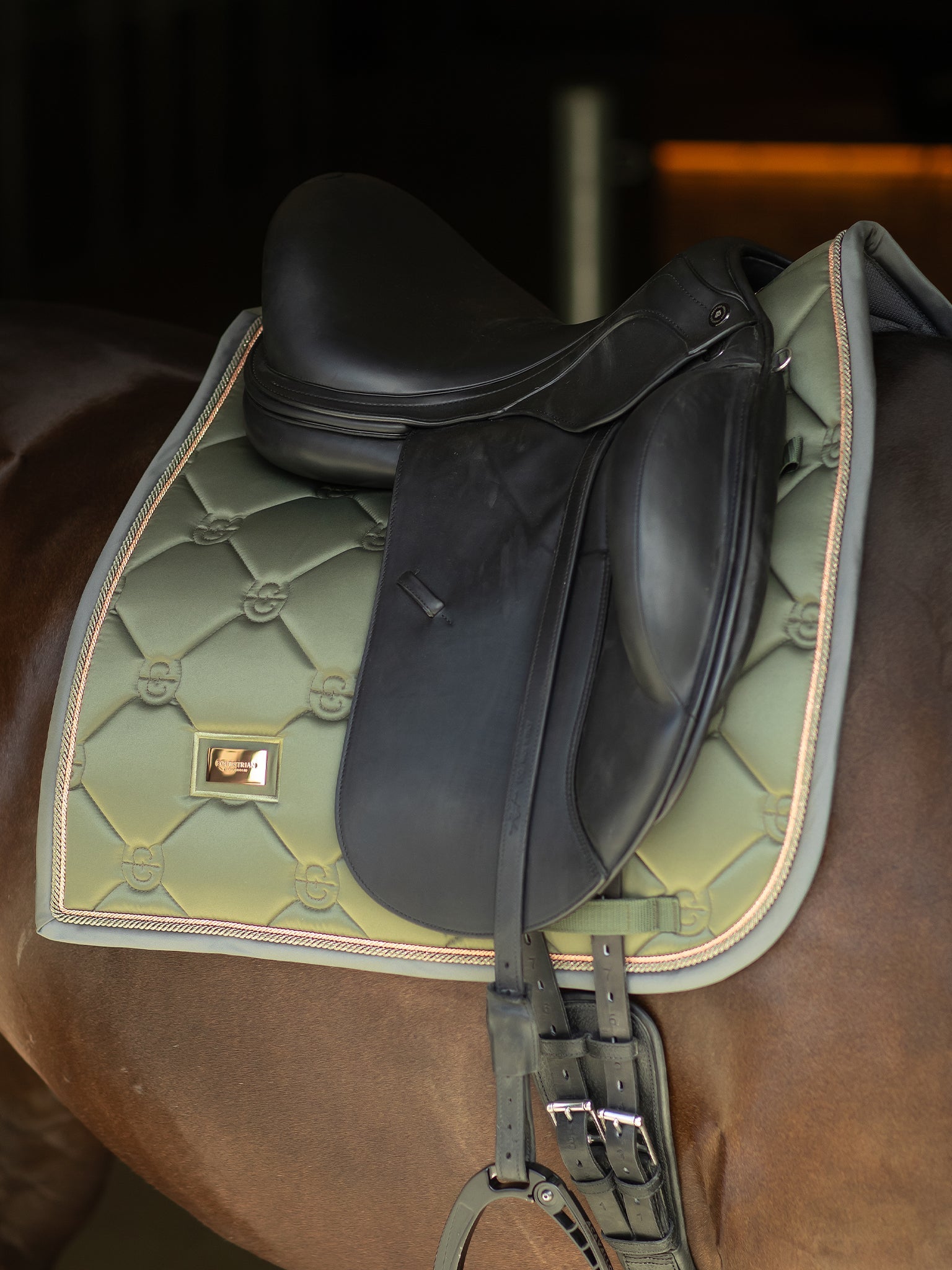 Equestrian Stockholm Striking Valley Dressage Saddle Pad: Olive Green, Rose Gold