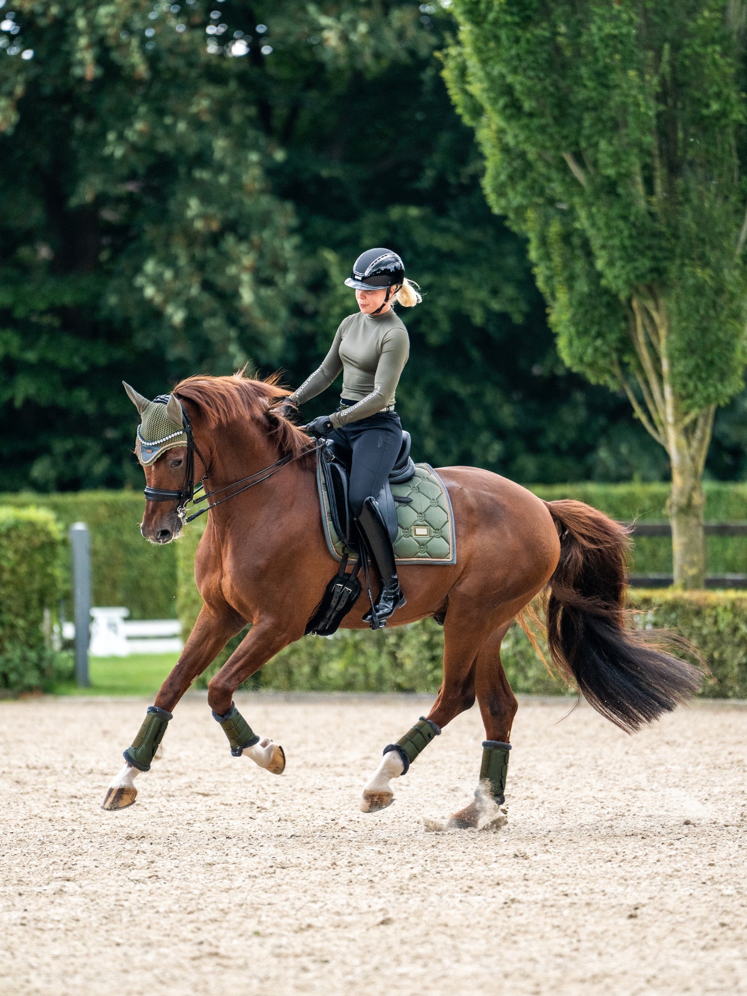 Equestrian Stockholm Striking Valley Dressage Saddle Pad: Olive Green, Rose Gold